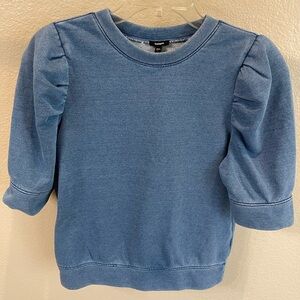 Washed Crew Neck Short Puff Sleeve Fleece Sweatshirt
